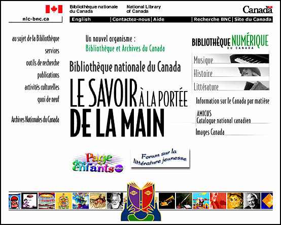 Page d'accueil de la Bibliothèque nationale du Canada