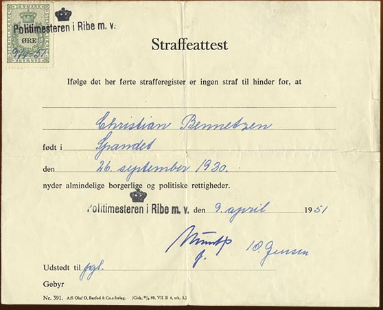 Certificat délivré à Ribe en avril 1951