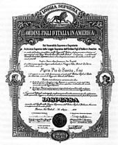 Charte accordée lors de la création de la Maria Pia di Savoia Lodge de Niagara Falls