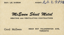 Carte de visite de la McEwen Sheet Metal