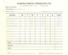 Feuille de présence de la Elmvale Metal Products