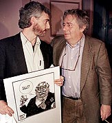 Mordecai Richler et Aislin avec une caricature de Jacques Parizeau, 1996