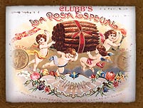 Cigar box - Cherubs carry an old-style cigar bundle through the air.