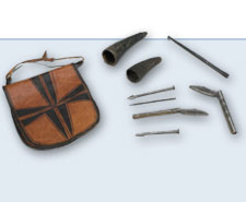 Bag, needle, scalpel (x2), hook, <br>straight razor (x2), horn (x2), © CMC/MCC, 84-302.1-9