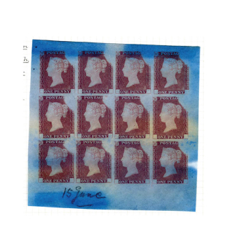Douze timbres d'essai, brun rougetre sur bleu 