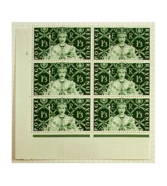 Bloc de six timbres de un shilling et trois pence