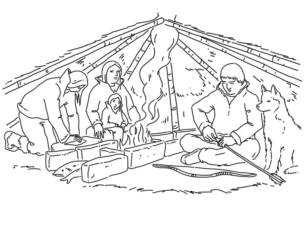 Dessin d’une famille de quatre personnes et d’un chien à l’intérieur d’une petite tente, avec des outils et un foyer au centre