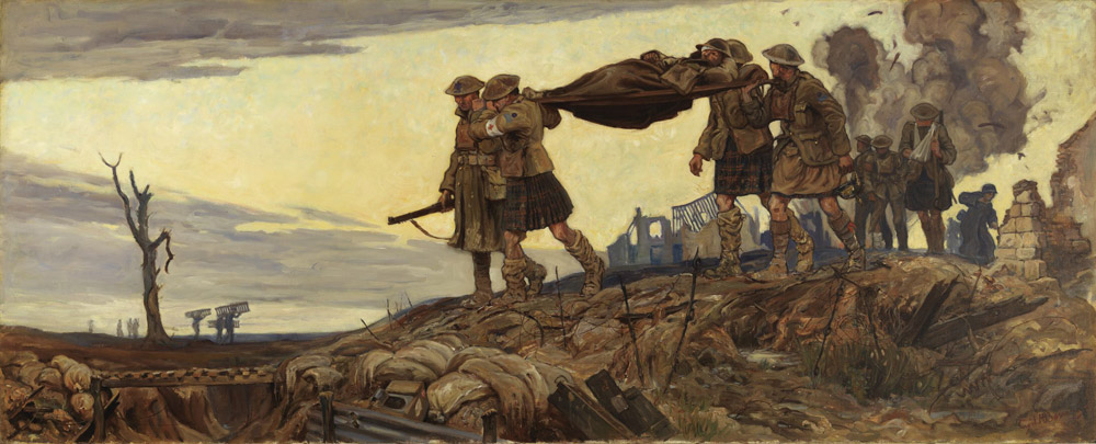 Toile représentant des brancardiers au travail lors de la Première Guerre mondiale