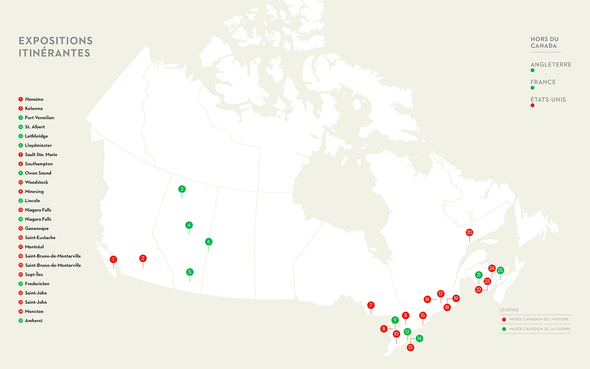 Carte du Canada montrant où des expositions itinérantes ont été présentées