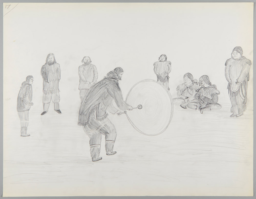 Dessin représentant des Inuit entourant un joueur de tambour qui danse
