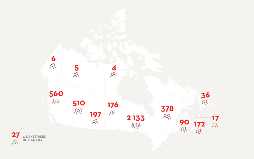 Carte du Canada illustrant le nombre de donateurs pour chacune des provinces