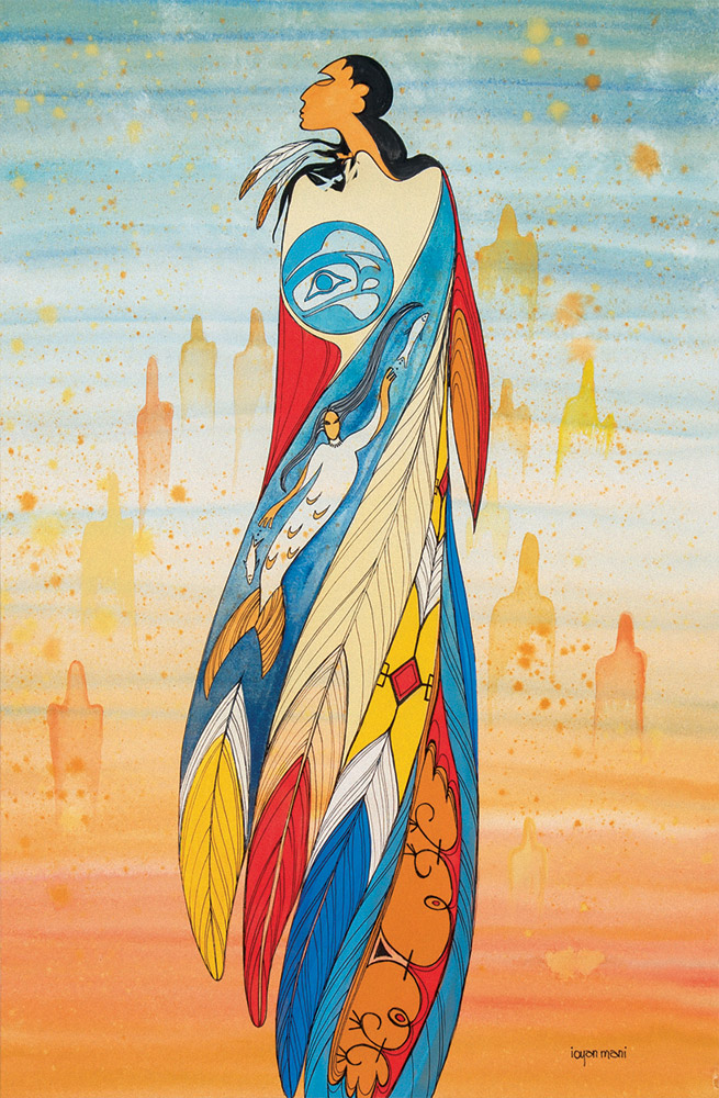 Toile représentant une femme autochtone dans une robe éclatante se tenant devant des formes spectrales