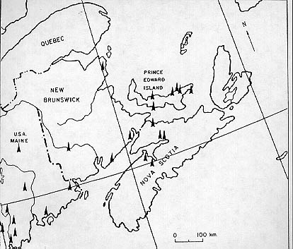 Une carte du Canada maritime montrant les sites de découvertes paléo-indiennes.