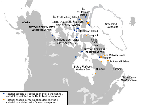 Carte du Canada montrant les sites de trouvailles autochtones.