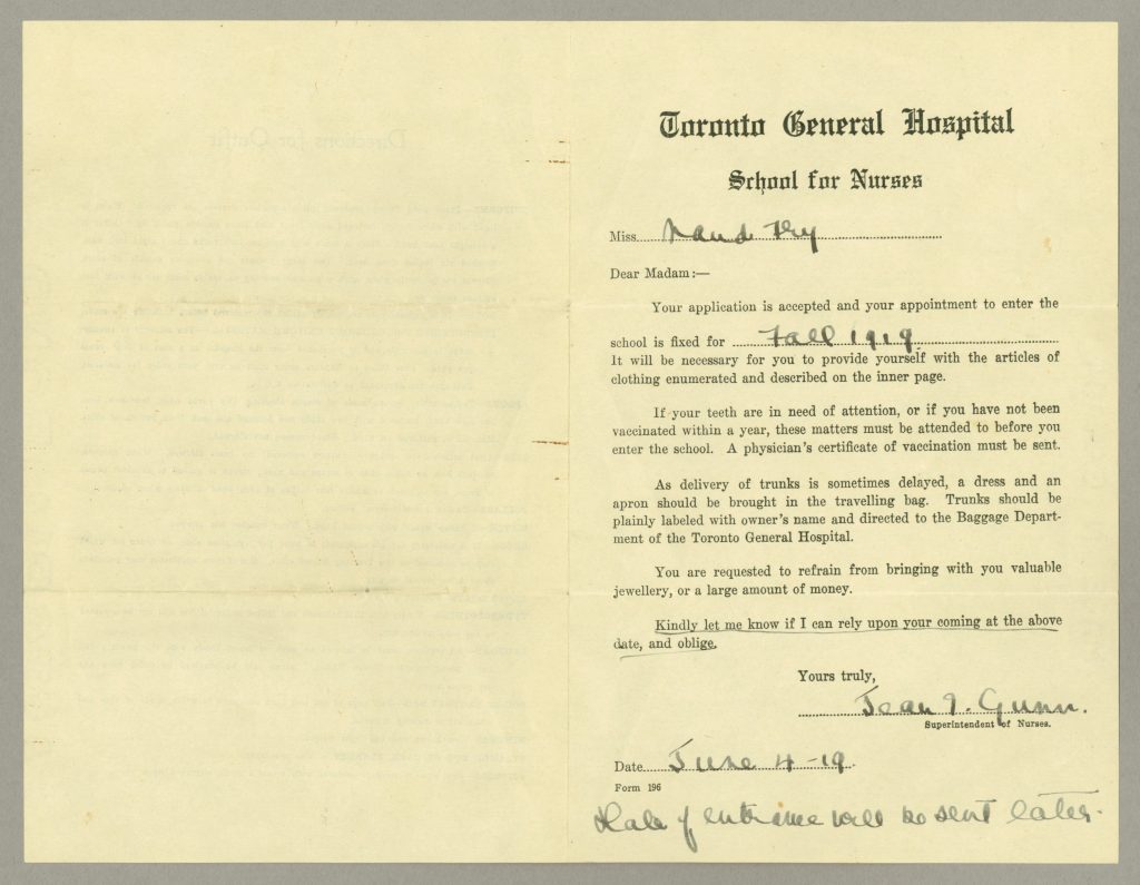 Lettre d’admission de la Toronto General Hospital School for Nurses adressée à Maud Fry, 4 juin 1919. 
