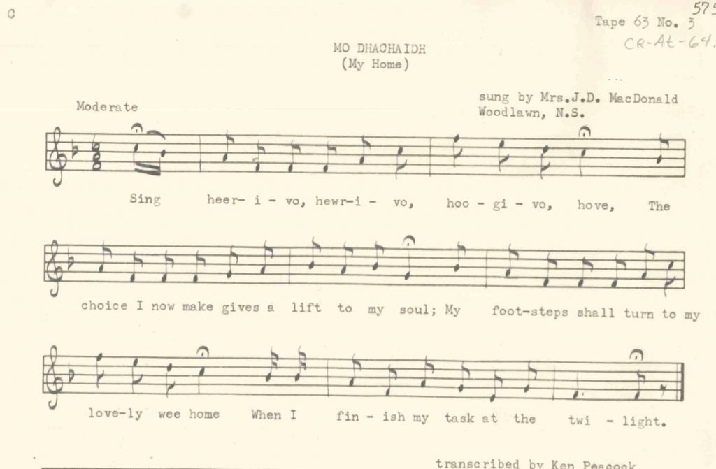 Partition en gaélique et traduction anglaise (1951) du chant écossais Mo Dhachidh (Mon foyer) joué aux funérailles d’Allan MacEachen. 