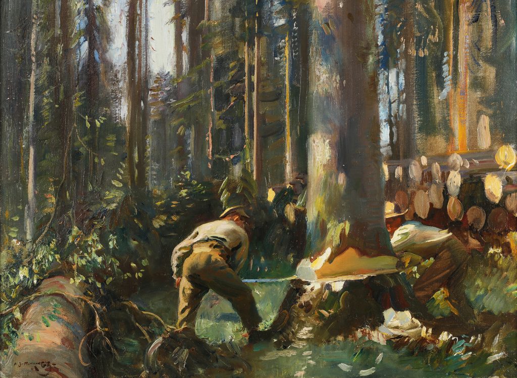 Peinture d’un homme abattant un arbre