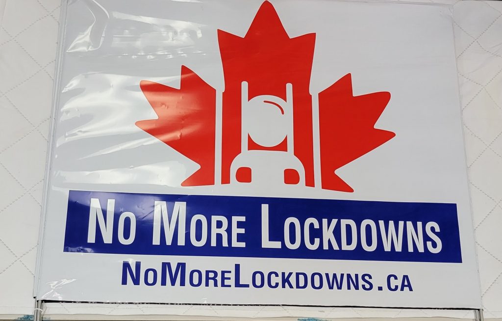 Affiche réclamant la levée des confinements, « No More Lockdowns.ca ».
