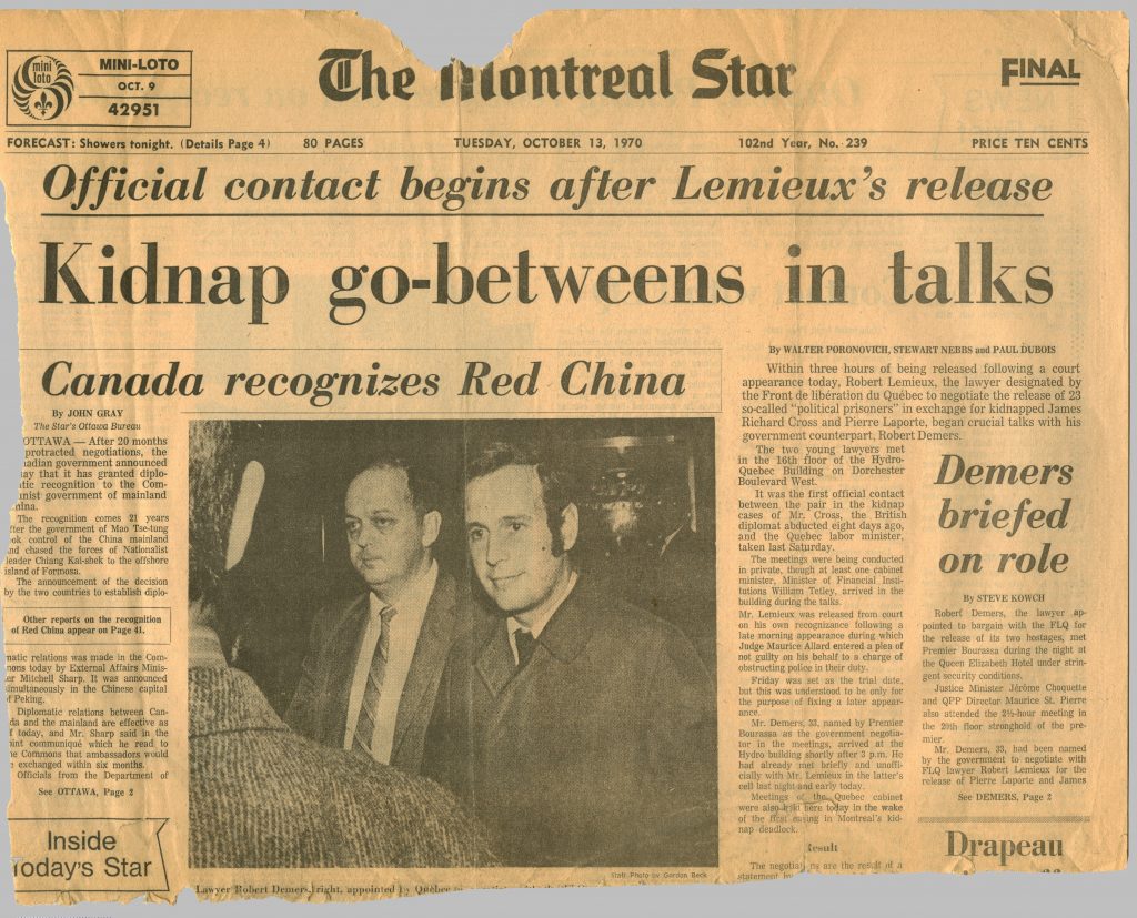 La une du Montreal Star présentant le négociateur Robert Demers, 13 octobre 1970.