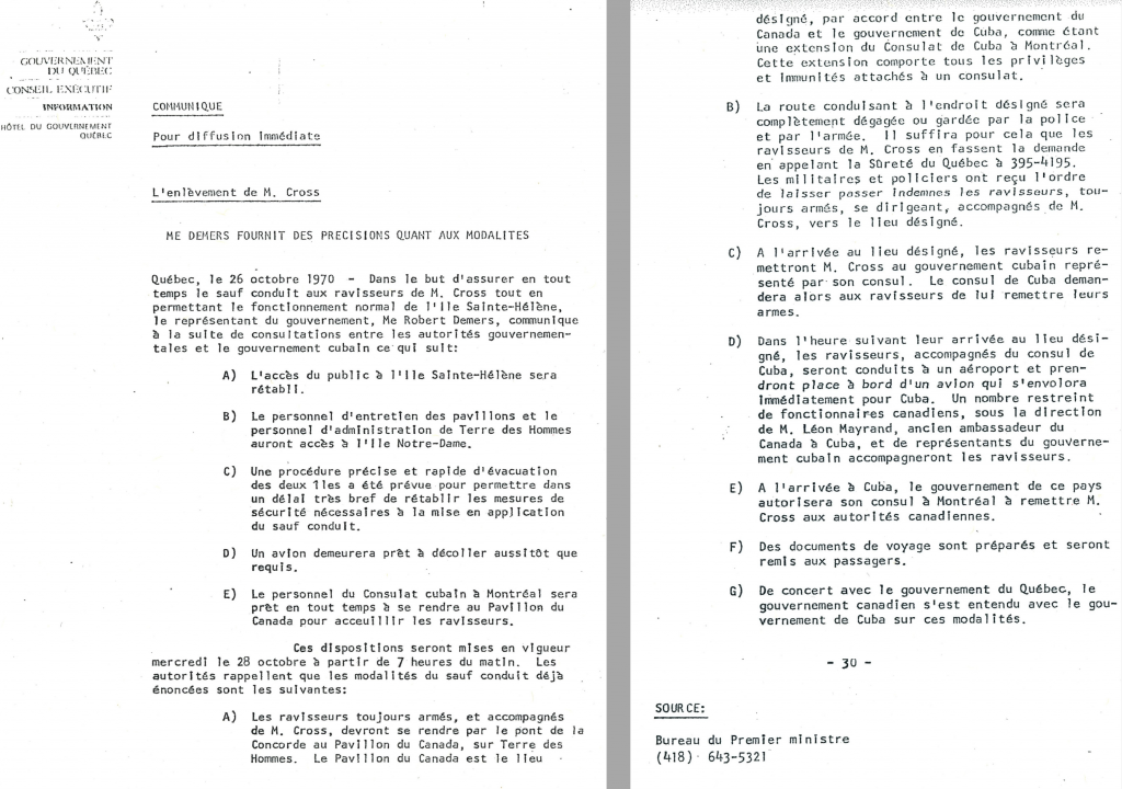 Communiqué du bureau du premier ministre québécois, Robert Bourassa, 26 octobre 1970. Il y est question des négociations ardues menées par l’avocat Robert Demers avec le gouvernement de Cuba, les autorités à Ottawa et à Québec et les forces de l’ordre.