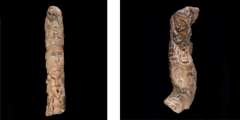 [gauche] « Baguette » en bois de cervidé couverte de visages, excavée sur l’ile de Bathurst, au Nunavut (QiLd-1:2020). [droite] « Baguette » en bois de cervidé avec des visages, excavée sur l’ile d’Ellesmere, au Nunavut (SiHw-1:788). 