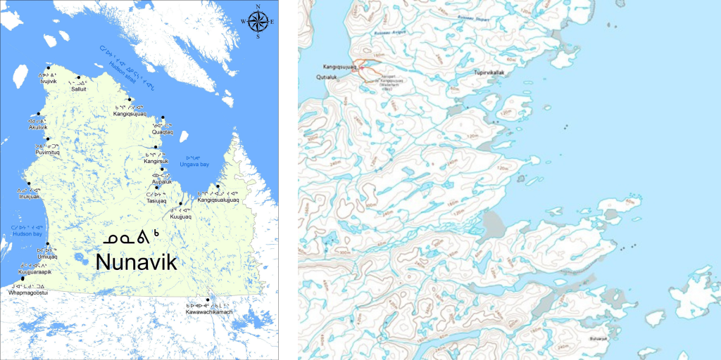 [Gauche] Carte des 14 communautés du Nunavik, dont Kangiqsujuaq, le village le plus proche de Qajartalik. [Droite] Qajartalik et l’ile Qikiqtaaluk (en bas à droite) se trouvent à environ 40 km au sud-est de Kangiqsujuaq.