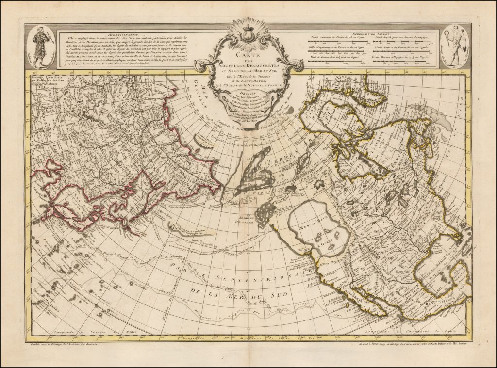 Cette carte du milieu du XVIIIe siècle, préparée par Philippe Buache, premier géographe du roi de France, montre une imaginaire « Mer ou Baye de l’Ouest », raccourci vers l’océan Pacifique et l’Asie. Carte des nouvelles découvertes au nord de la Mer de Sud, tant à l’est de la Sibérie et du Kamtchatcka, qu’à l’ouest de la Nouvelle France… (1750).