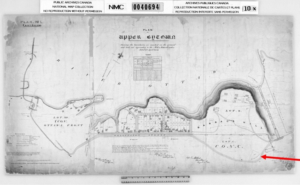 Carte des débuts de la Haute-Ville, avec une flèche rouge montrant l’emplacement du cimetière