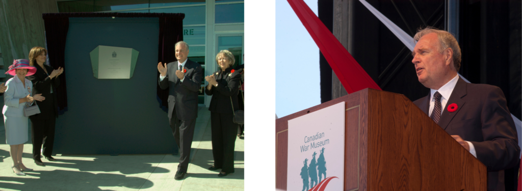 Dévoilement du nouveau Musée canadien de la guerre, 8 mai 2005 et le premier ministre Paul Martin, prononçant le discours officiel d’inauguration du nouveau Musée canadien de la guerre