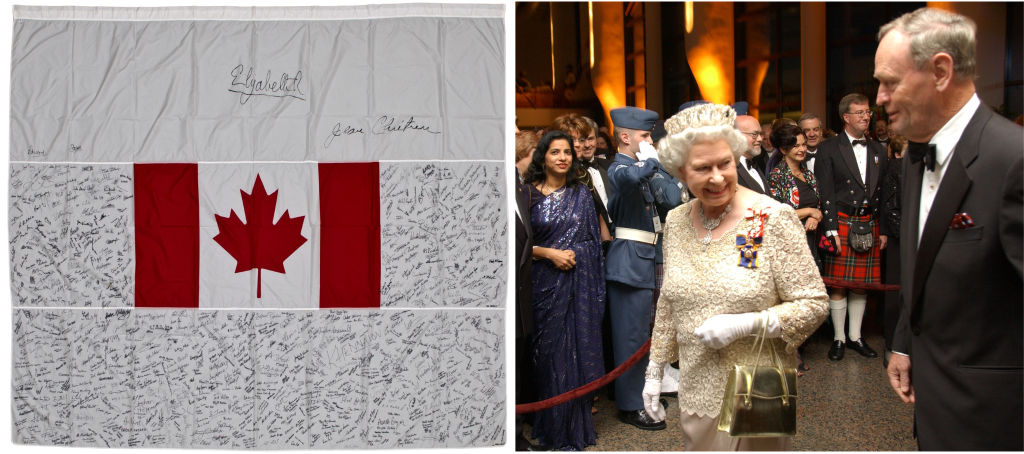 (G) Drapeau du Canada avec une grande bordure blanche avec des centaines de signatures.(D) Visite de la reine Elizabeth II au Musée canadien des civilisations aux côtés de Jean Chrétien en habits de soirée