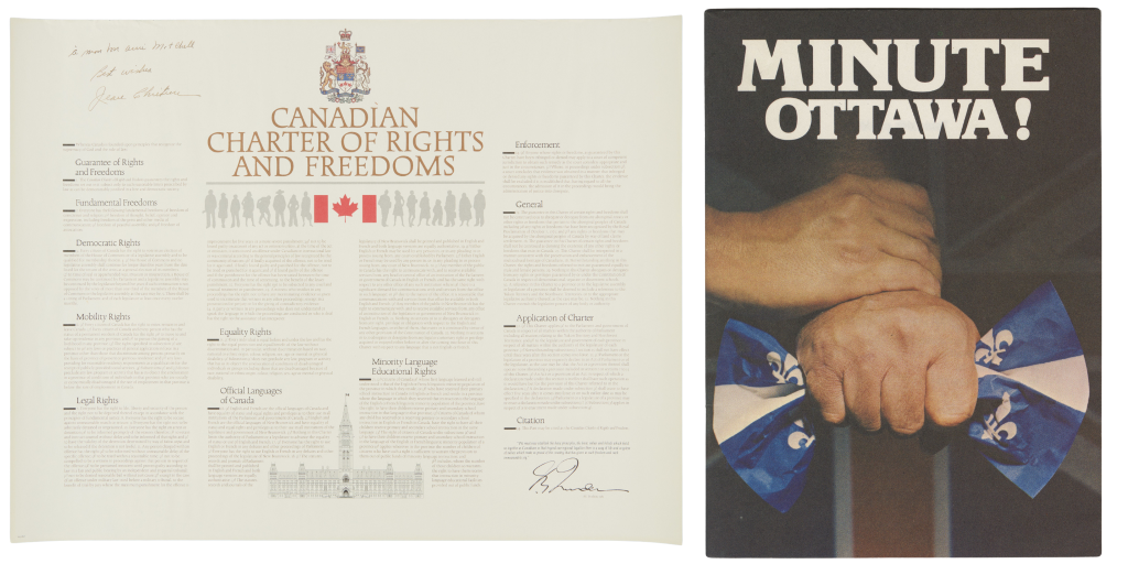 (G) Charte canadienne des droits et libertés, dédicacée(D) Brochure avec le titre Minute, Ottawa! du gouvernement du Québec