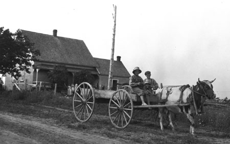 Three children in a cart pulled by an ox, Saint-Antonin, Qubec, 1918., © CMC/MCC, Marius Barbeau, 43386