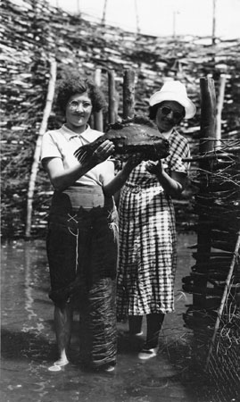 Deux femmes tenant une poule de mer (lompe) devant un enclos  l'le de la Providence, Qubec, 1937., © MCC/CMC, Marius Barbeau, B314-17.3
