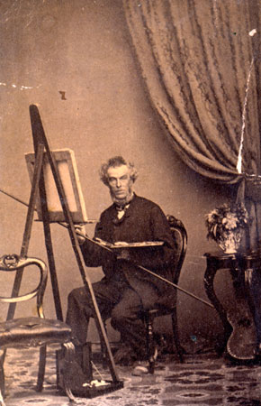 Painter Cornelius Krieghoff sitting beside his easel in Quebec City, c.1858., © CMC/MCC, Marius Barbeau