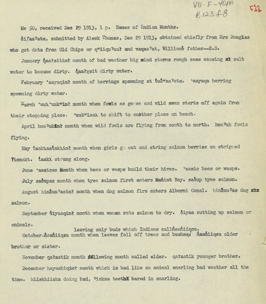 Traduction et signification des noms de mois chez les Nuu-chah-nulth (Nootka). Informateur : Mrs. Douglas, Alberni, Colombie-Britannique, dcembre 1913. © MCC/CMC, E2006-00581, CD2006-0236