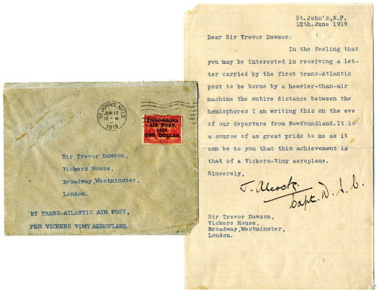 John Alcock, lettre sur le premier vol transatlantique