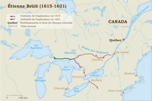 Itinéraires d’Étienne Brûlé, premier français à pénétrer les « Pays d’en Haut ».