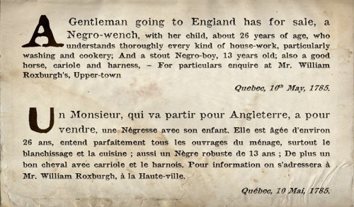 Annonce d’une vente d’esclave parue dans la Gazette de Québec, le 12 mai 1785