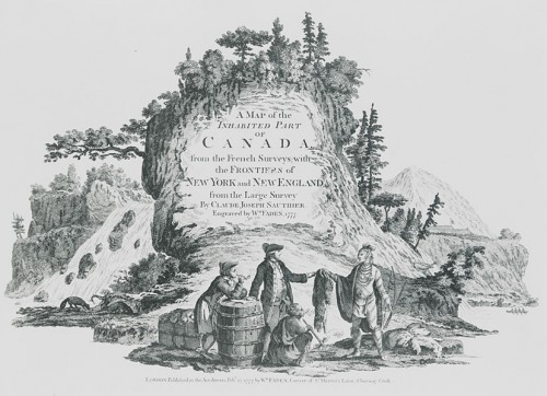 Marchand traitant avec un Indien, détail du frontispice: A map of the Inhabited Part of Canada…, William Fadden, 1777