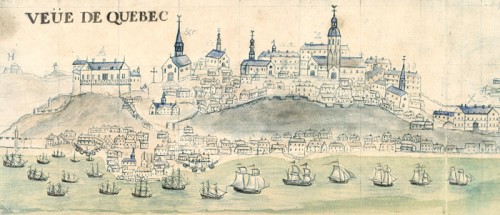 Le château St-Louis, détail de la Vue de Québec et Carte figurative du promt secours envoyé…au vaisseau du Roy l’Éléphant, 1729, par Mahier