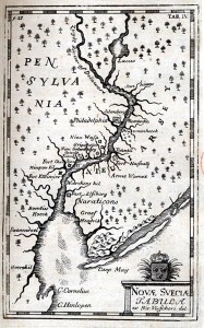 Novae Svecia scu Pensylvania in America, carte parue dans: Kort abeskrifning om beskrifning om provincien Nya Swerige uit America…(Une courte description de la province de la Nouvelle-Suède), 1702, by Thomas Campanius Holm