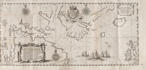 Tabula nautica, qua repraesentantur orae maritimae, meatus, ac freta, noviter a H. Hudsono Anglo ad Caurum supra Novam Franciam, 1612, parue dans: Descriptio ac delineatio geographica… de Hessel Guerritsz