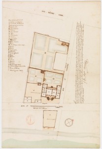 Plan de l'hôtel du marquis de Vaudreuil gouverneur de la Nouvelle-France, Montréal (Québec), 1726-1727, par Chaussegros de Léry, Jean-Baptiste Angers, René Decouagne