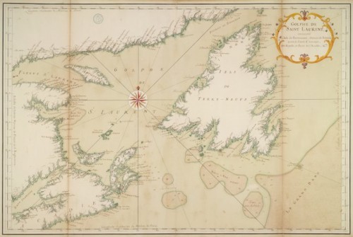 Golphe de Saint-Laurent, contenant l'Isle de Terre-Neuve, Detroit de Belle-Isle, entrée du Fleuve St-Laurent, Isle Royale, et partie de l'Acadie