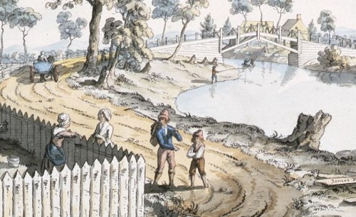 Vue du pont sur la rivière Berthier (détail), 1785, par James Peachey