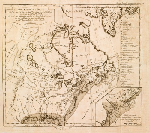 Carte minéralogique où l'on voit la nature des terrains du Canada et de la Louisiane, 1752, par Philippe de Buache et J.-É. Guettard