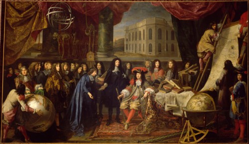 Colbert, Ministre des finances, présente à Louis XIV les membres de l’Académie Royale des Sciences crée en 1667