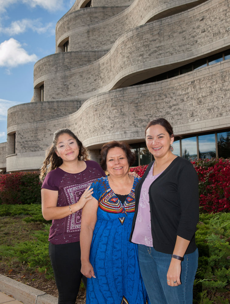 Trois femmes debout devant le Musée canadien de l'histoire.