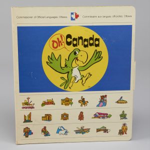 Boîte de jeu de société aux couleurs vives affichant un perroquet vert et 18 symboles canadiens