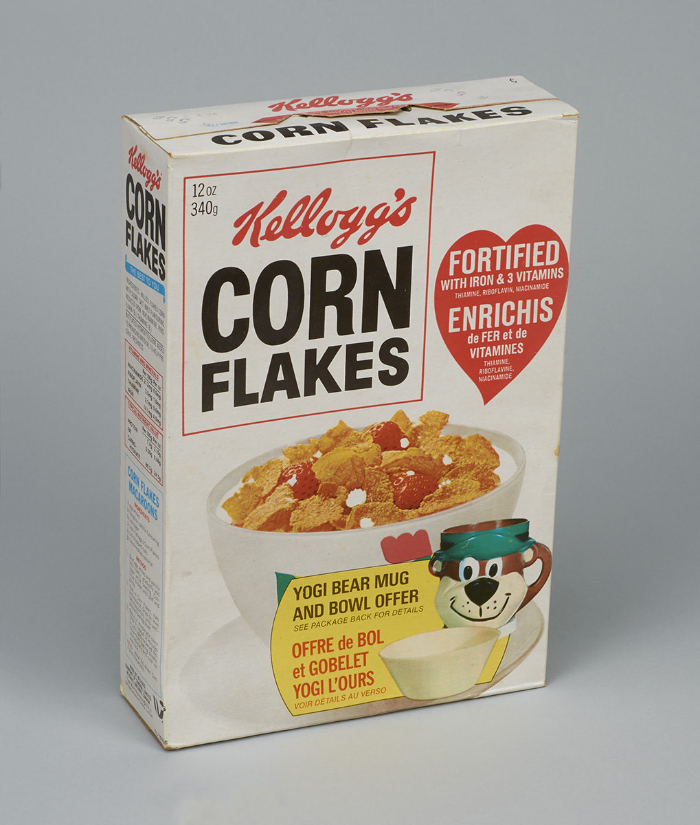 Une boîte de corn flakes Kellogg's exposée au Musée canadien de l'histoire à Ottawa.